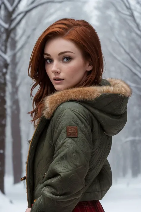 photo of S150_NatalieLust, a beautiful woman, in a (winter-forest:1.2), wearing a (quilted-fur-jacket:1.2) and a (skirt), (snowstorm:1.2), (8k, RAW photo, best quality, depth of field, ultra high res:1.2), (absurdres, intricate, photorealistic, masterpiece...