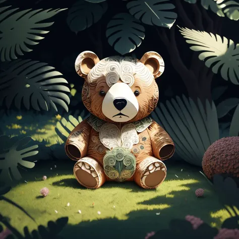 a (papercarvingcd, paper) bear, sitting on lawn, (solo:1.2), <lora:papercarvingcd-000005:1.0>, no humans, high quality, masterpiece, realistic, photorealistic, (outdoors, lawn)