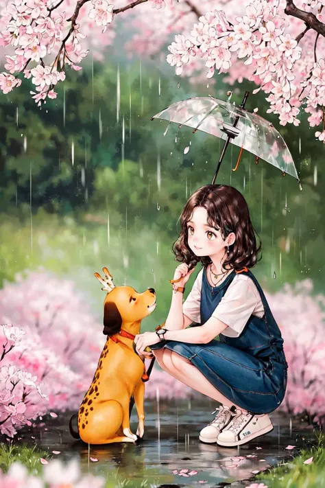 anime girl with umbrella and dog in the rain