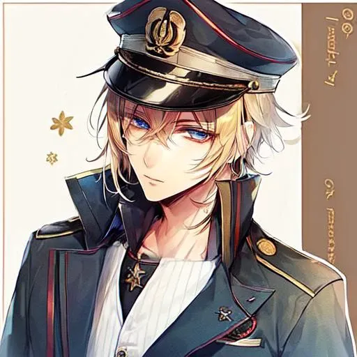 1boy, blonde hair, blue eyes, half-closed eyes, hat, long sleeves, looking at viewer, male focus, military, military hat, peaked cap, simple background, solo, <lora:Riri_artstyle:1>