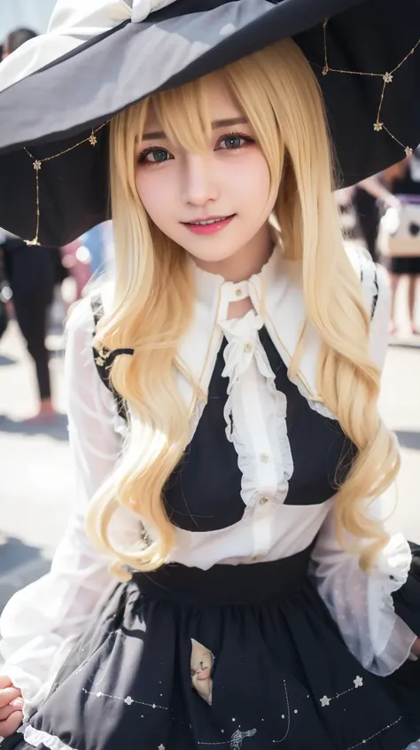 Close up smile, masterpiece, best quality, Blonde, <lora:Kirisame-Marisa-cosplay:0.7>, Kirisame-Marisa-cosplay, Black dress, Frills, Print, Small breasts