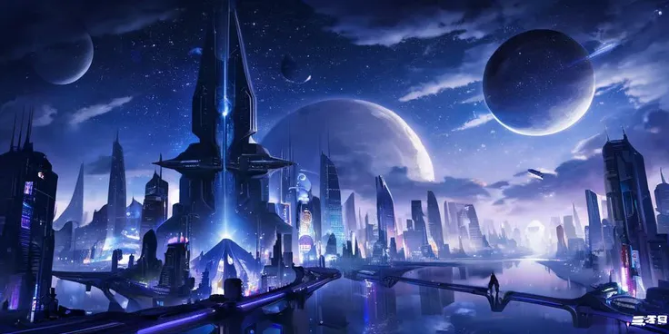 a picture taken from a video game shows a futuristic city with a futuristic skyline