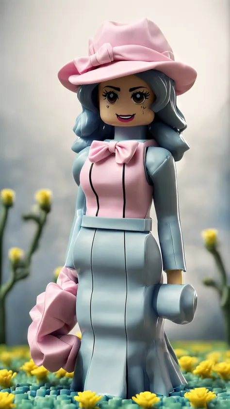 there is a lego figure of a woman in a pink hat and dress