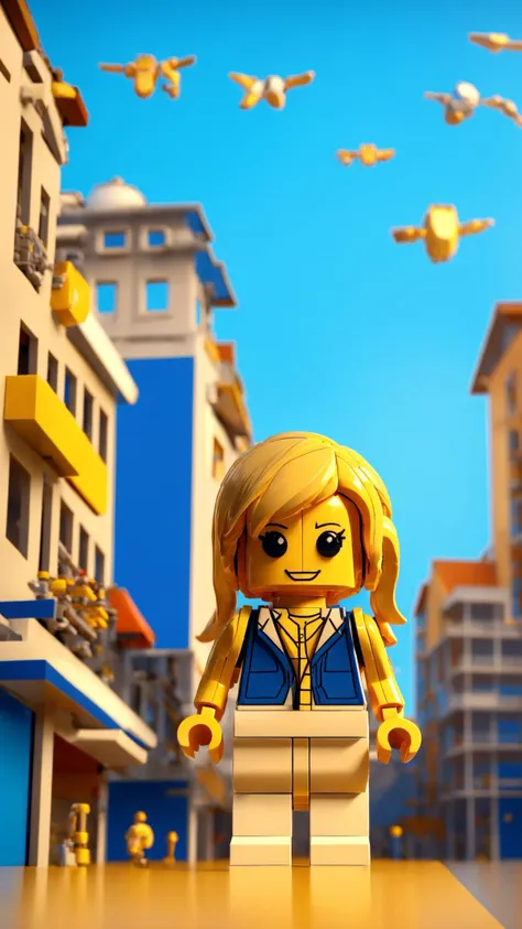 lego woman standing in front of a city with birds flying overhead