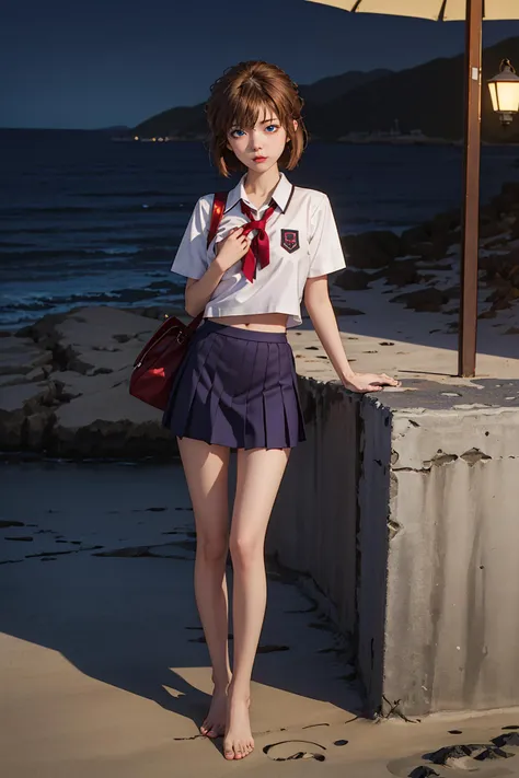 ((masterpiece)), (best quality), official art, photorealistic, 
1girl, haibara ai, blue eyes, brown hair, short hair, beach, ocean, small breasts, 
school uniform, serafuku, red ribbon, miniskirt, bare foot, night, galaxy,  nothing in hands, 
 <lora:Haibar...