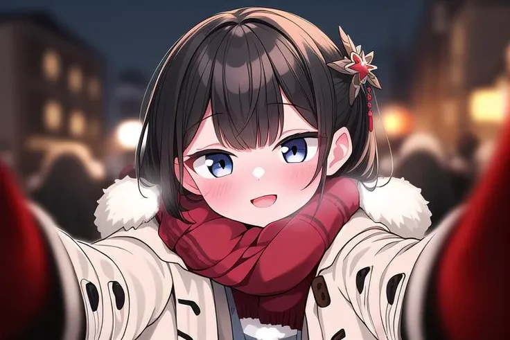 masterpiece, best quality,ultra detail, girl,cheekwarm,reaching towards viewer, blush, hair ornament,  looking at viewer, pov, winter clothes, smile, solo,  coat, blurry, fur trim, <lora:CheekWarmV1.2:0.8>black hair,