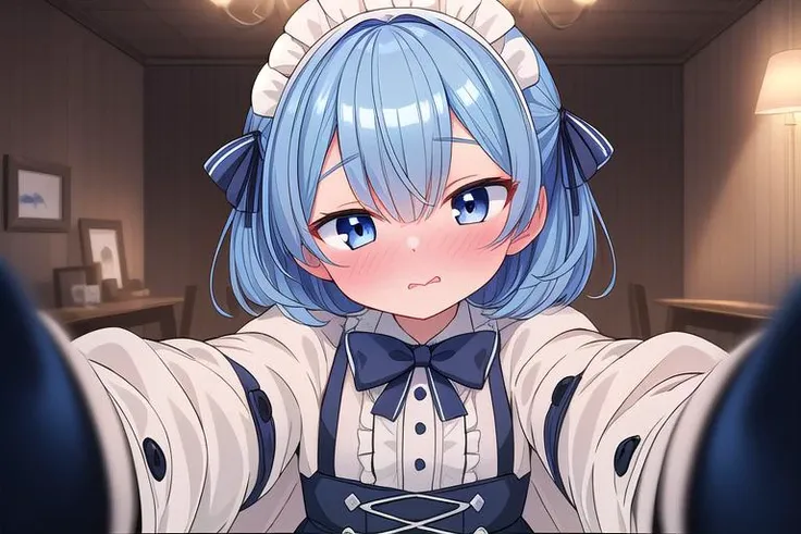 masterpiece, best quality,ultra detail, girl,cheekwarm,reaching towards viewer, blush,looking at viewer, pov, solo,  <lora:CheekWarmV1.2:0.8>,shiny eyes,wavy mouth,indoor, rem,maid outfit,blue bobhair