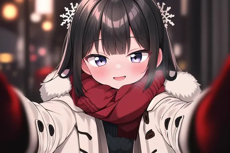 masterpiece, best quality,ultra detail, girl,cheekwarm,reaching towards viewer, blush, hair ornament,  looking at viewer, pov, winter clothes, smile, solo,  coat, blurry, fur trim, <lora:CheekWarmV1.2:0.8>black hair,