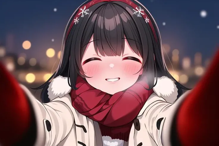 masterpiece, best quality,ultra detail, girl,cheekwarm,reaching towards viewer, blush, hair ornament,  looking at viewer, pov, winter clothes, smile, solo,  santa coat, blurry, fur trim, <lora:CheekWarmV1.2:0.8>black hair,closed eyes,kissing