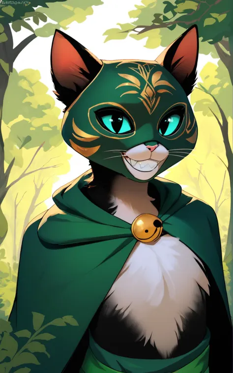 a close up of a cat wearing a green cape and a gold bell