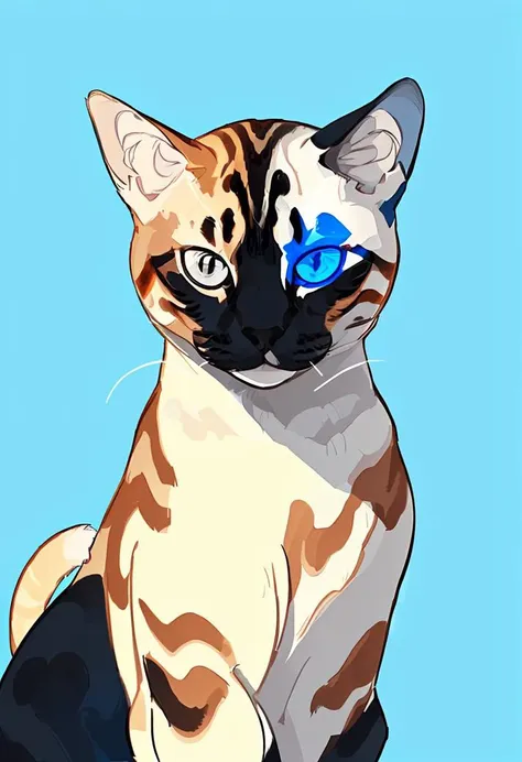 a cat with a blue background and a white background with a black stripe on its face and a brown and white cat with a black stripe on its head,<lora:AnimaliaStyle-000005:.7>