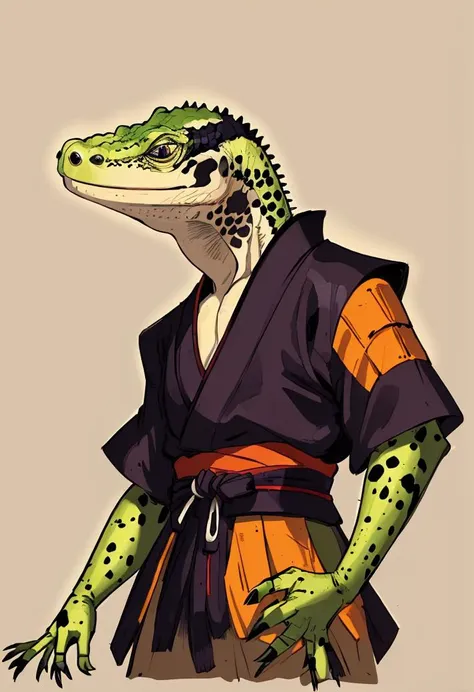 a drawing of a lizard dressed in a kimono outfit