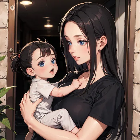 anime girl holding a doll in her arms in front of a doorway