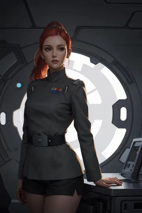 high quality, half-body character portrait, 1girl, pretty, adult, curvy, ponytail dark-red hairs, wears shorts, imperialofficer uniform <lora:ImpofficerV2:0.65>, in starship laboratory, restore face