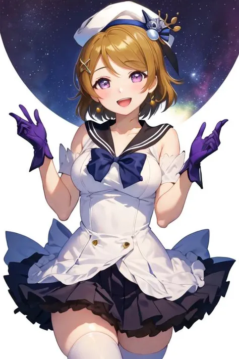 best quality, masterpiece, highres, solo, {koizumi_hanayo_lovelive:1.15}, short_hair, brown_hair, purple_eyes, smile, blush, open_mouth, hair_ornament, 1girl, gloves, hat, looking_at_viewer, :d, white_gloves, sailor_collar, white_background