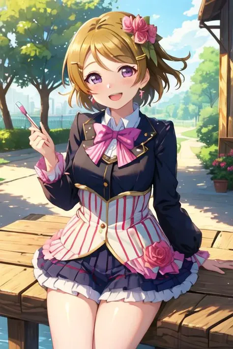 best quality, masterpiece, highres, solo, {koizumi_hanayo_lovelive:1.15}, short_hair, brown_hair, purple_eyes, smile, blush, open_mouth, hair_ornament