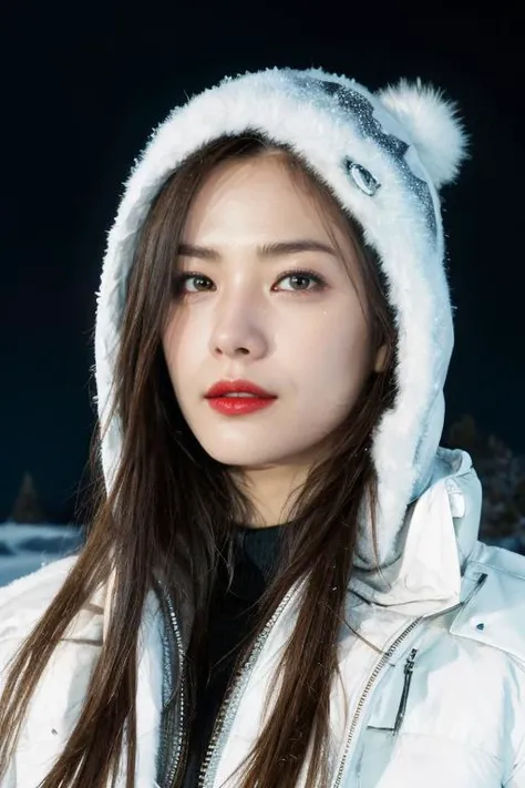 Best quality, 8k, perfect lighting, masterpiece, ultra high res, (photorealistic:1.4), raw photo,1girl, solo, realistic, looking at viewer, upper body, detailed arctic background, winter clothes, dynamic pose, snow, snowflakes, night, aurora sky, detailed ...