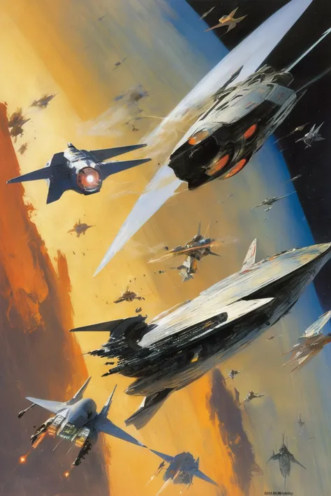 john berkey style - spacecraft fighter battle scene between sleek modern fighter in john harris spaceship style, and a spaceship...