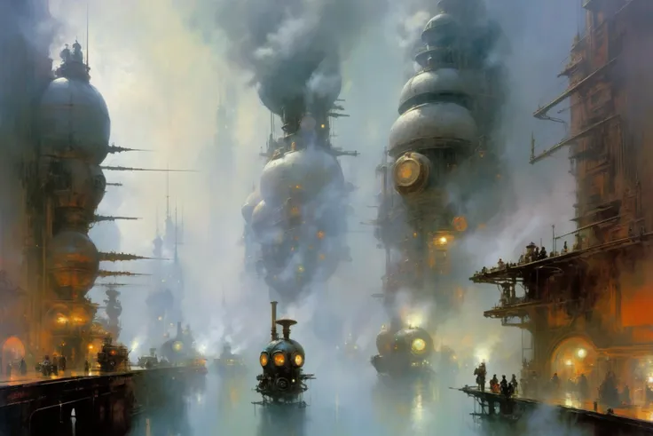 painting of a group of ships in a harbor with smoke coming out of them