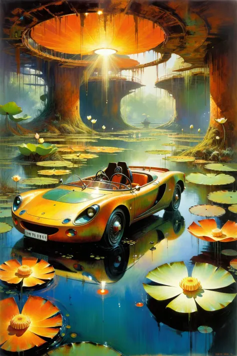 painting of a yellow sports car driving through a pond of water lillies