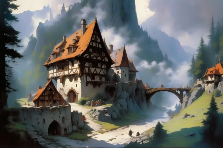 there is a painting of a castle on a mountain with a bridge