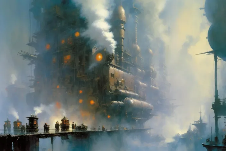 <lora:John Berkey Style:1> John Berkey Style page, steampunk cityscape,fog, smoke, (masterpiece:1.2), best quality