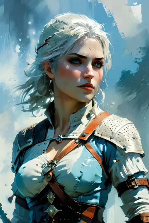 Ciri, scar, by Jason Chan, upperbody, neutral background of stylised panels, bluish fog, dynamic pose  <lora:xl_more_art-full_v1:1> <lora:John Berkey Style:1> John Berkey Style page,, (masterpiece:1.2), best quality