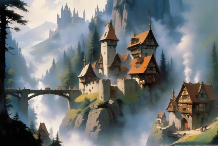 a close up of a castle on a mountain with a bridge