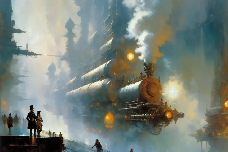 <lora:John Berkey Style:1> John Berkey Style page, steampunk cityscape,fog, smoke, (masterpiece:1.2), best quality