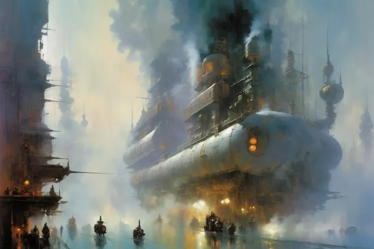 <lora:John Berkey Style:1> John Berkey Style page, steampunk cityscape,fog, smoke, (masterpiece:1.2), best quality