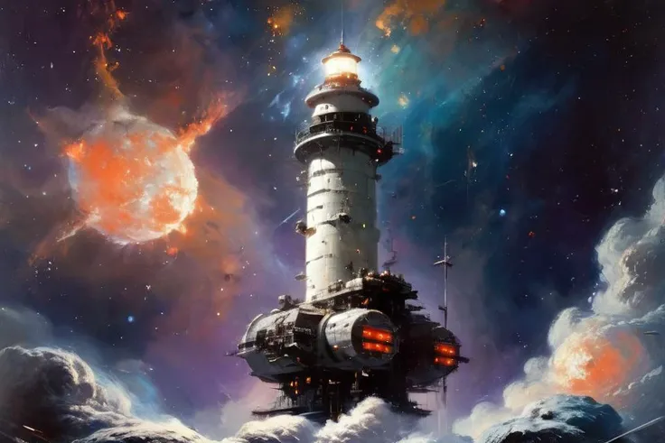 a space station that looks like a lighthouse sitting on an asteroid in a space nebula <lora:FusionDraw9257_Nebula_SDXL:1> nebula, stardust <lora:John Berkey Style:1> John Berkey Style page, (masterpiece:1.2), best quality