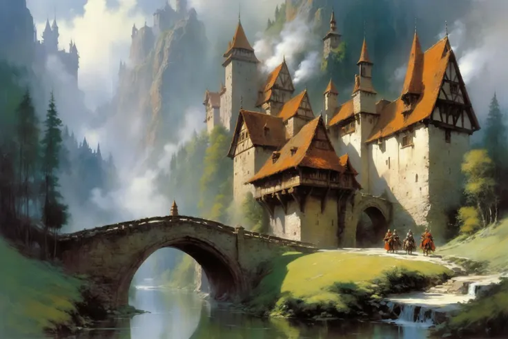 painting of a castle with a bridge and a stream in front of it