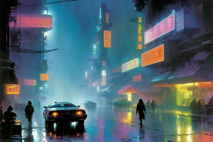 <lora:John Berkey Style:1> John Berkey Style page, cyberpunk cityscape, night, rain, neon lights, neon signs, dirt, garbage, fog, smoke, (masterpiece:1.2), best quality