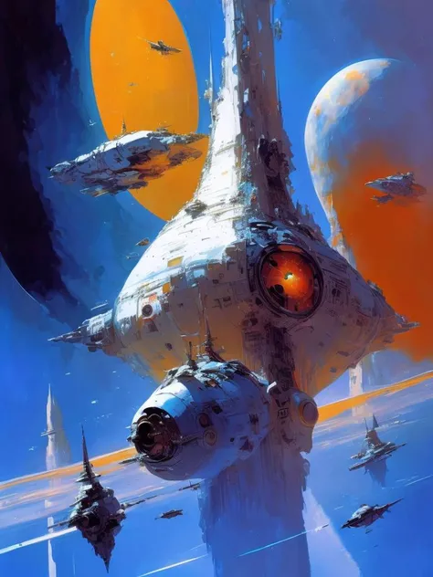 <lora:JohnBerkey:1>by John Berkey colorful space, organic spaceships, photorealistic space station, space traffic, celestial bodies, volumetric lighting, Syd Mead, Frank Frazetta, John Berkey, brutalism