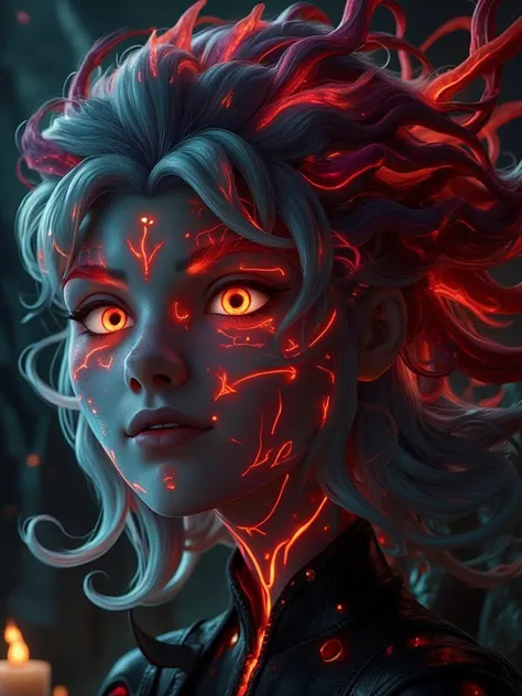 close-up,  safe for work depiction  of a powerful enchantress with that seems to come alive, intertwined with glowing red veins ...