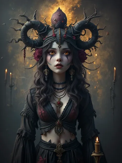 3d animation style, a captivating dark fantasy portrait, with a model illuminated by dissolving sidelighting. the subject's feat...