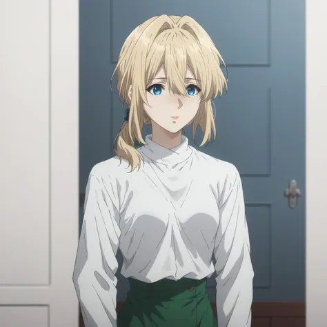 anime girl with blonde hair and blue eyes standing in front of a door