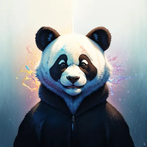 panda bear in a black jacket with a colorful background