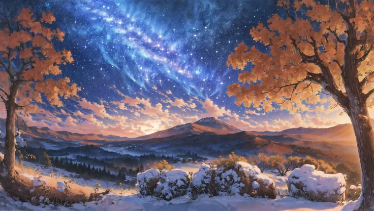 ((masterpiece:1.4,best quality)), cloud, outdoors, forest
(snowy mountains), autumn glade
, scenery, sky,
(night:1.4), nightsky, moon, moonlight, high detail, abundant, 8k, green,tree, high detail, wallpaper,
<lora:mocha style:0.8>