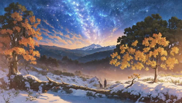 ((masterpiece:1.4,best quality)), cloud, outdoors, forest
(snowy mountains), autumn glade
, scenery, sky,
(night:1.4), nightsky, moon, moonlight, high detail, abundant, 8k, green,tree, high detail, wallpaper,
<lora:mocha style:0.8>