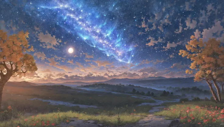 ((masterpiece:1.4,best quality)), cloud, outdoors, forest
(snowy mountains), autumn glade
, scenery, sky,
(night:1.4), nightsky, moon, moonlight, high detail, abundant, 8k, green,tree, high detail, wallpaper,
<lora:mocha style:0.8>