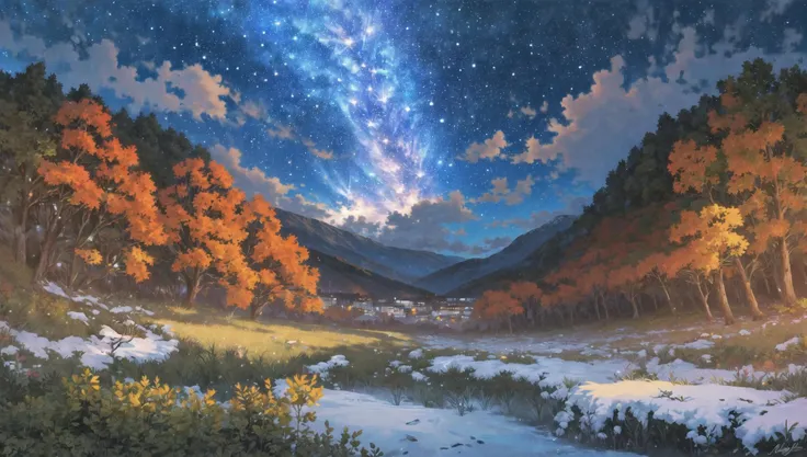 ((masterpiece:1.4,best quality)), cloud, outdoors, forest
(snowy mountains), autumn glade
, scenery, sky,
(night:1.4), nightsky, moon, moonlight, high detail, abundant, 8k, green,tree, high detail, wallpaper,
<lora:mocha style:0.8>