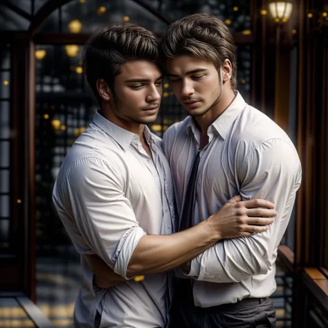 Two handsome men being romantic together. <lora:StraightCoupleV1:1> <lora:add_detail:0.8>