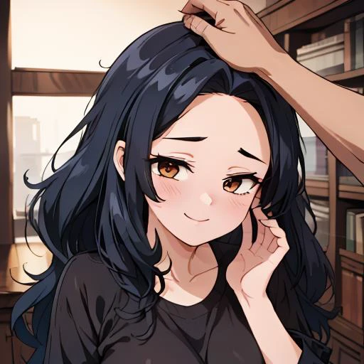 anime girl with long black hair and brown eyes in a library