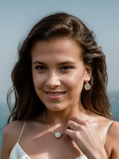 Realistic photo of a beautiful M1ll13bb-v1 woman, 1girl, solo, long hair, looking at viewer, smile, brown hair, dress, brown eyes, jewelry, earrings, solo focus, white dress, ring, realistic, wedding ring, soft lighting, professional Photography, Photoreal...