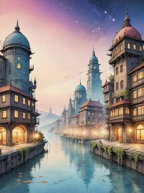 on parchment, Illustrate a cityscape at twilight, blending modern buildings with fantastical elements like floating islands and ethereal lights, paint splashes, out run,  <lora:ParchartXL-2.0:1.4>, (masterpiece:1.2), best quality, (hyperdetailed, highest d...