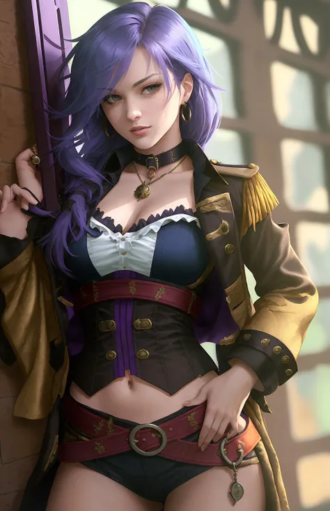 <lora:notHornyPirate_v10:1> 1girl, (pirate:1.1), ornate, (big ass long navy captain coat:1.1), duster, straps, guns, navel, belt, corset, choker, (jewelry:1.2), earrings, dress, leather, shiny, (holding sword:1.2), (deck:1.1), cannon, sunlight, smirk, hand...