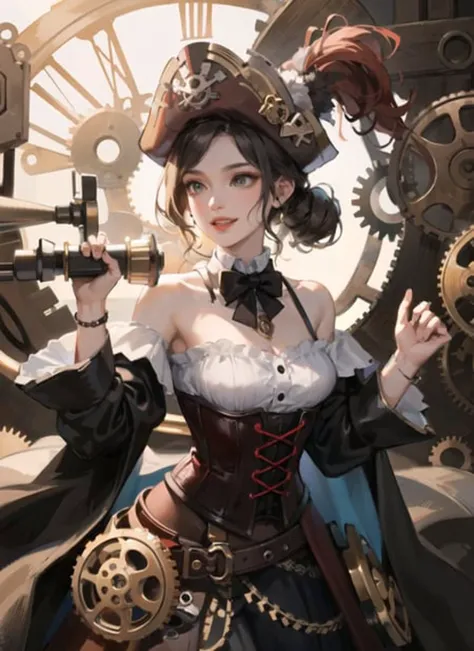 1girl,(pirate:1),  (masterpiece, high quality:1.2), bare shoulders,corset, dress,telescope,grin,(steampunk, gears,clockwork:1.1)