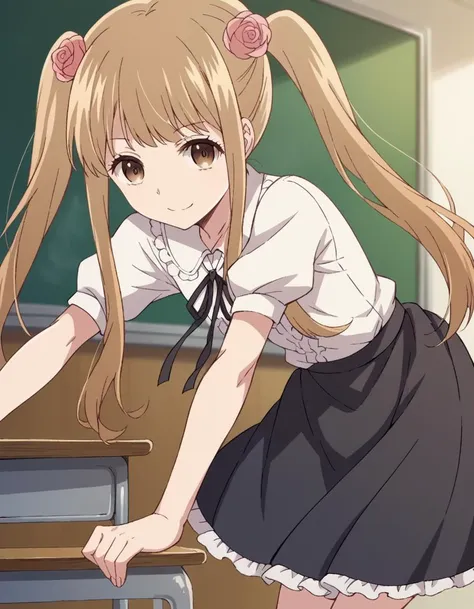 anime girl leaning on a desk in a classroom with a blackboard