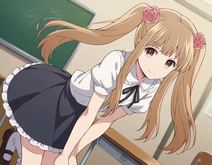 anime girl in a school uniform leaning on a desk